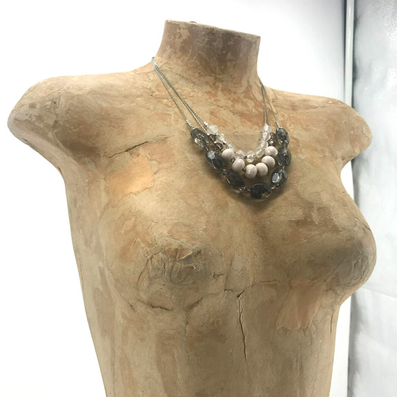 Ann Taylor Loft Three Strand Beaded Necklace Clear White Smokey Silver - Picture 5 of 9